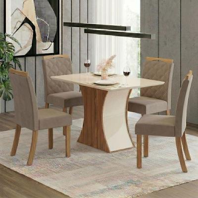 Conjunto Sala de Jantar Layla Confort 4 Lugares Tampo MDF Suede Amêndoa 120CM Casa 812