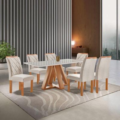 Conjunto Sala de Jantar Kyra 6 Lugares Tampo Vidro Cadeiras Suede Bege 170CM Cel Móveis