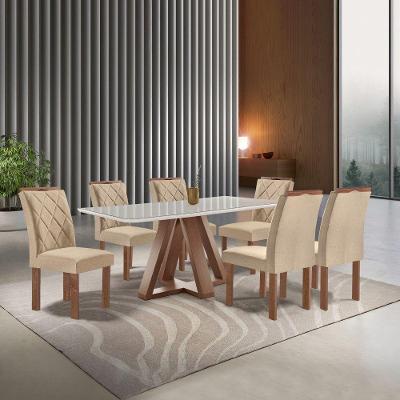 Conjunto Sala de Jantar Kyra 6 Cadeiras Tampo Vidro Suede Bege 170CM Cel Móveis