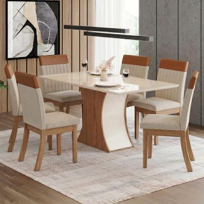 Conjunto Sala de Jantar Layla Majestic 6 Lugares Tampo MDF com Vidro Cadeiras Veludo Caramelo 160CM