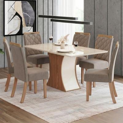 Conjunto Sala de Jantar Layla Confort 6 Lugares Tampo MDF com Vidro Suede Amêndoa 160CM Casa 812