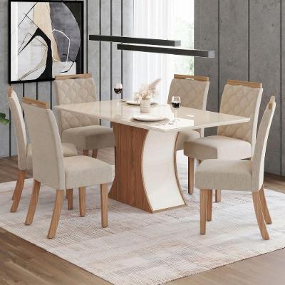 Conjunto Sala de Jantar Layla Confort 6 Lugares Tampo MDF com Vidro Cadeiras Estofadas Off White