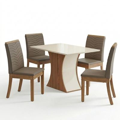 Conjunto de Sala de Jantar New Layla 4 Lugares Tampo MDF Cadeiras Suede Bege 120CM Casa 812