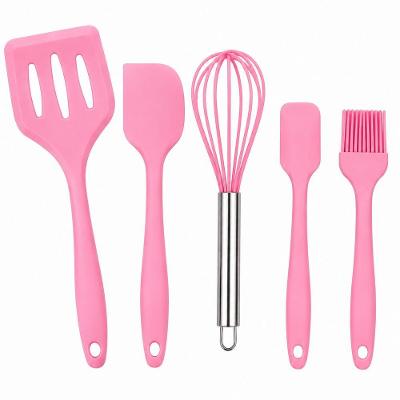 Jogo de Utensílios em Silicone Rosa 5 Peças Antiaderentes com Cabos Ergonômicos para Pendurar Rosa