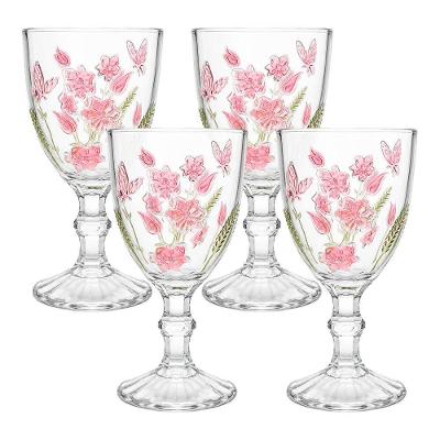 Taça Spring para Água e Vinho Vidro Decorado Flores Borboletas Kit com 4 Unidades Transparente