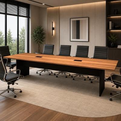 Mesa de Reunião Retangular F5 Moderno sem Gavetas 320CM Nogal com Preto F5 Office
