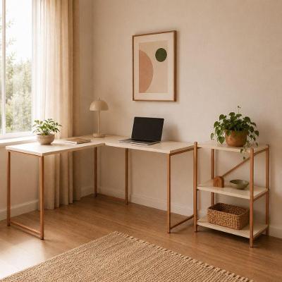 Kit Mesa l + Estante em l Moderno sem Gavetas MDF-MDP Cobre e Off White KLM Store