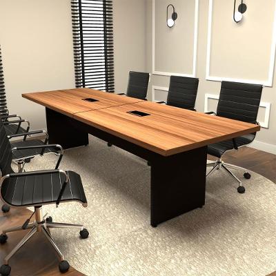 Mesa de Reunião Retangular F5 Moderno sem Gavetas 270CM Nogal com Preto F5 Office