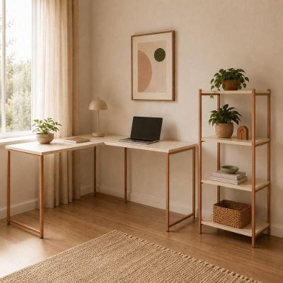 Kit Mesa l + Estante 4 Prateleiras Moderno Cobre Off White KLM Store