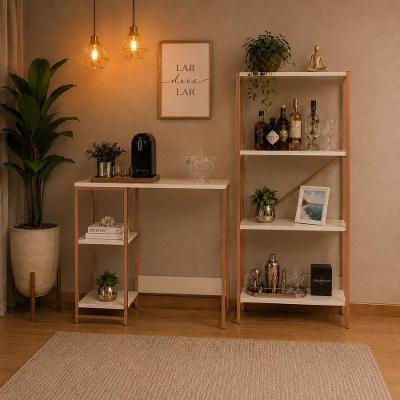 Kit Bancada Gourmet + Estante 4 Prateleiras Cobre e Off White MDF 120CM KLM Store