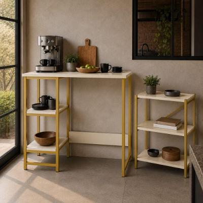 Kit Bancada Gourmet + Estante 3 Prateleiras Dourado e Off White KLM