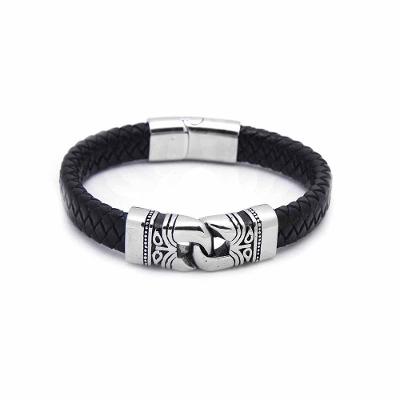 Pulseira Aço e Couro Tribal Vd 114 Trançado Largo Fecho Inox