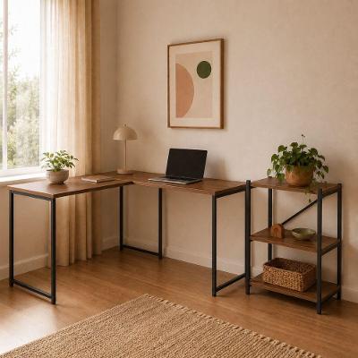 Kit Mesa l + Estante Industrial Moderno 3 Prateleiras MDF Preto e Imbuia KLM