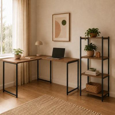 Kit Mesa l e Estante 4 Prateleiras Moderno MDF Preto-imbuia KLM Store