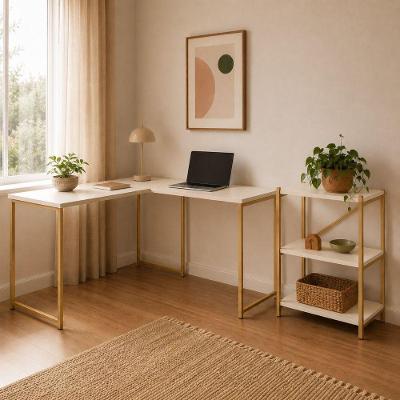 Kit Mesa l + Estante Mesa l sem Prateleira + Estante 3 Prateleiras Dourado e Off White