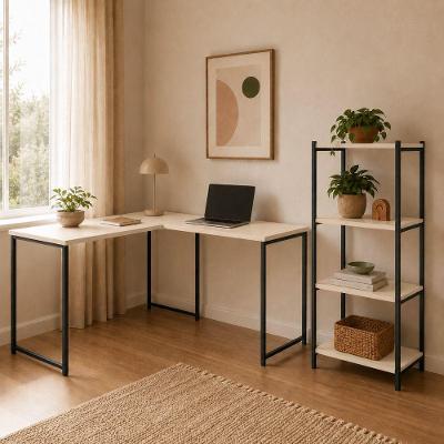 Kit Mesa l + Estante 4 Prateleiras Moderno Preto Off White KLM Store