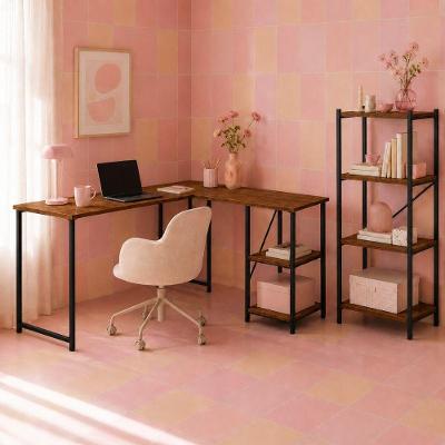 Kit Mesa l + Estante Industrial 4 Prateleiras MDF Preto KLM Store