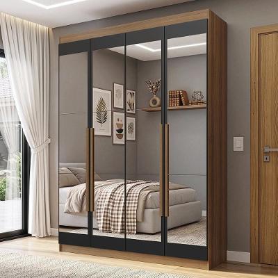 Guarda Roupa Solteiro Venus 4 Portas de Bater com Espelhos MDP Rustic-Preto-Rustic Madesa