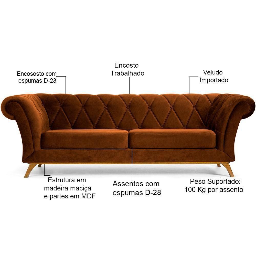 Sofá 3 Lugares Império 180 Cm Veludo Telha C-262 - 3
