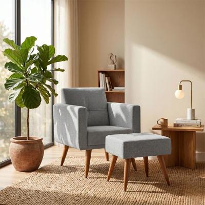 Kit Poltrona com Puff Pequim Decorativa Linho Cinza com Pés Palito para Sala Matrix