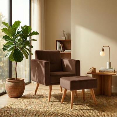 Poltrona Decorativa Pequim com Puff Veludo Marrom para Sala de Estar Matrix