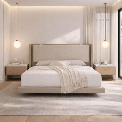 Cama King Flutuante Viena com Estrutura em Madeira Maciça e MDF Ocre e Bege Jasper Móveis