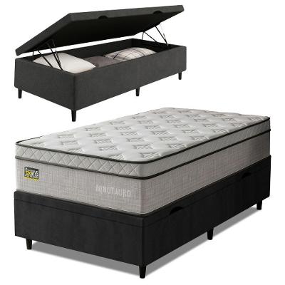 Cama Box com Baú Solteiro Minotauro Hellen Ortopédico Tecido Jacquard Preto e Branco Prince 88CM