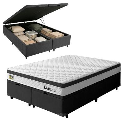 Cama Box com Baú Queen Onix Euro Pillow Ortopédico Espuma Tecido Jacquard Preto e Branco Hellen