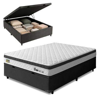 Cama Box com Baú Casal Onix Euro Pillow Espuma D33 Tecido Jacquard Branco e Preto Hellen Estofados