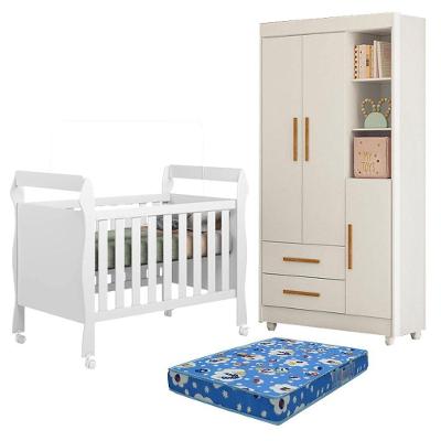 Berço Americano com Guarda Roupa e Colchão Soninho 3 Portas 2 Gavetas MDF Branco Acetinado Tigus