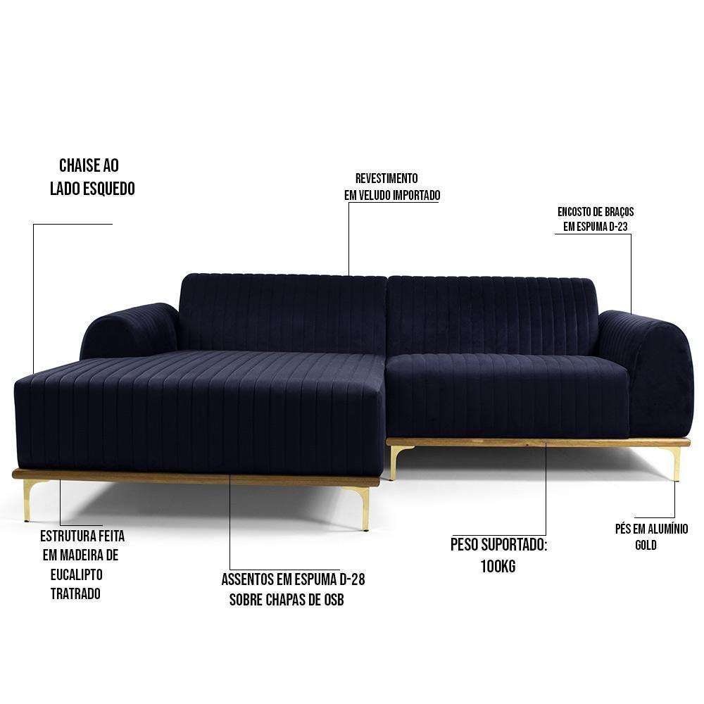 Sofá 3 Lugares Com Chaise Molino 230 Cm Azul Marinho C-287 - 5