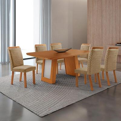 Conjunto de Jantar Carolina 6 Lugares Tampo MDF Cadeiras Estofadas Off White 180CM Moderna