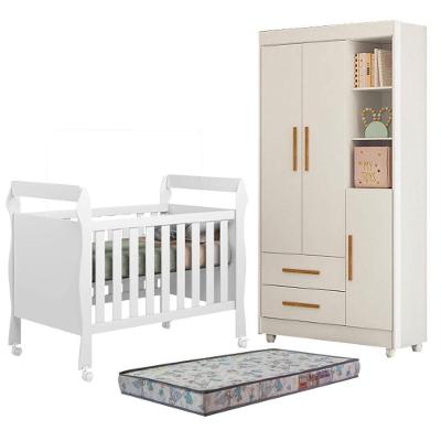 Berço Americano Soninho com Guarda Roupa MDF Colchão Incluso Branco Tigus Móveis