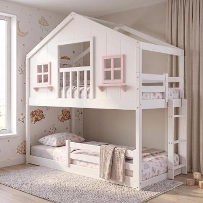Beliche Infantil Montessoriano Casinha dos Sonhos com Varanda Madeira Maciça Branco e Rosa Housin