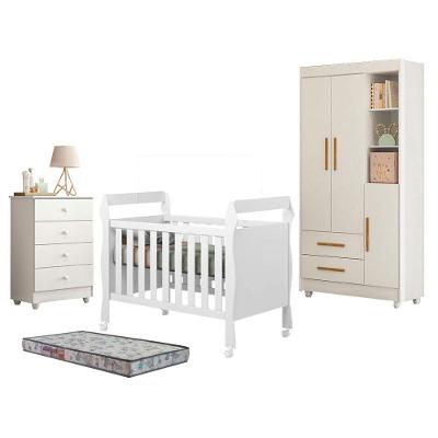 Kit Quarto de Bebê Flocos com Gaveteiro Soft e Berço Americano Soninho 3 Portas 2 Gavetas MDF Branco