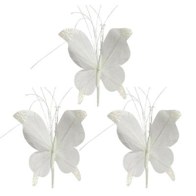 Kit 3 Borboletas Pick Natalina Tecido e Ferro e Glitter 23CM Branco Yangzi