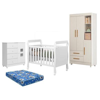 Guarda Roupa Infantil Flocos com Cômoda Life Berço Soninho e Colchão Ortobom 3 Portas 2 Gavetas MDF