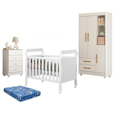 Guarda Roupa Infantil Flocos 3 Portas 2 Gavetas MDF 70CM Branco com Berço e Colchão Tigus Móveis