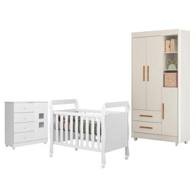 Guarda Roupa com Cômoda e Berço Flocos Life Soninho 4 Portas 6 Gavetas MDF Branco Acetinado Tigus