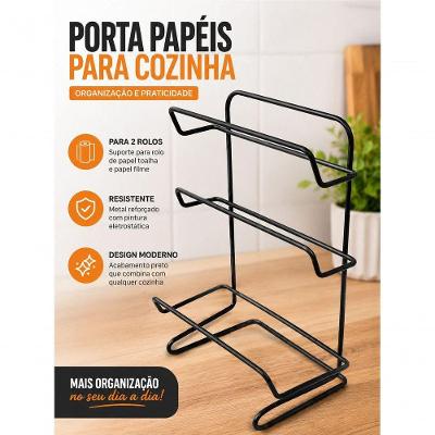 Suporte Organizador Aramado para Papel Toalha Metal Design Moderno Cozinha Preto