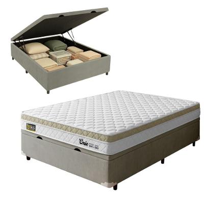 Cama Box com Baú Casal Onix Euro Pillow Ortopédico Espuma Tecido Jacquard Bege e Branco Hellen 138CM