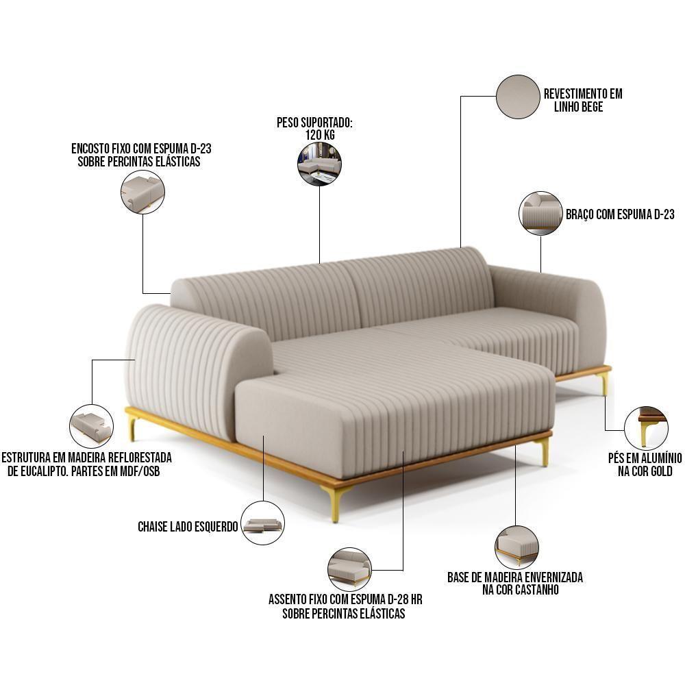 Sofá 4 Lugares Com Chaise De Estar Molino 255cm Bege C-107 - 6