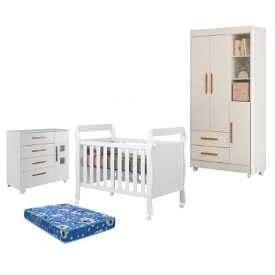 Kit Quarto de Bebê Guarda Roupa Flocos com Cômoda Fly e Berço Soninho 3 Portas 2 Gavetas MDF Branco