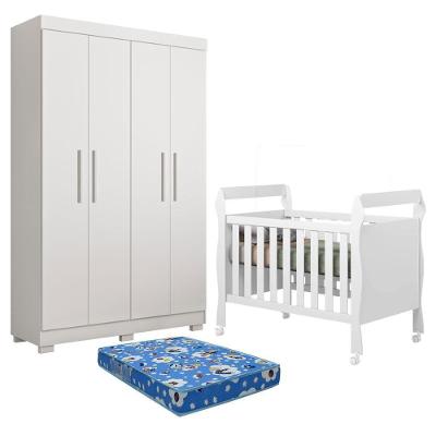 Berço Americano com Guarda Roupa e Colchão Soninho Flórida 4 Portas 3 Gavetas MDF 134CM Branco Tigus
