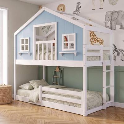 Beliche Montessoriano Infantil Casinha dos Sonhos com Varanda Madeira Maciça Branco Azul Housin