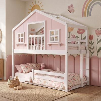 Beliche Infantil Montessoriano Casinha dos Sonhos com Varanda Madeira Maciça Rosa Branco Housin