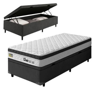 Cama Box com Baú Solteiro Onix Euro Pillow Ortopédico Espuma Preto e Branco Prince 88CM
