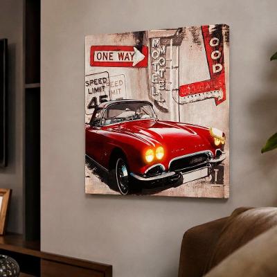 Quadro Decorativo Clássico Carro Antigo 1957 com Leds Quadrado 40x40CM MDF Vermelho