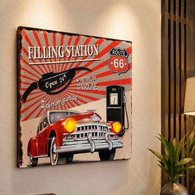 Quadro Decorativo com Leds Carro Antigo Posto Quadrado 40x40CM em MDF e Tecido Vermelho