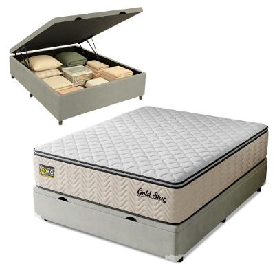 Cama Box com Baú Casal Gold Star Pillow Top Molas Ensacadas Suede Bege Hellen Estofados e Colchões